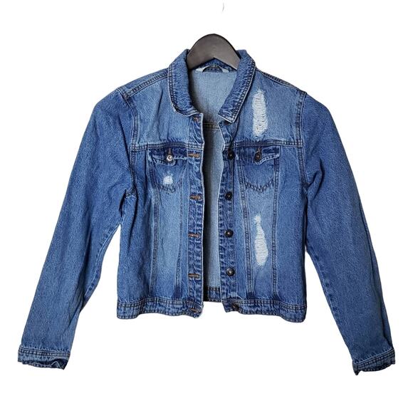 Jean Jacket Womens Cropped Distressed Denim Cotton Highway Western Classic M - Picture 1 of 13